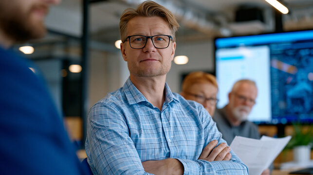 IT department employee sitting arms-crossed while a consultant demonstrates a new enterprise platform, older colleagues beside them scrolling on paper printouts instead of the live demo screen, digi