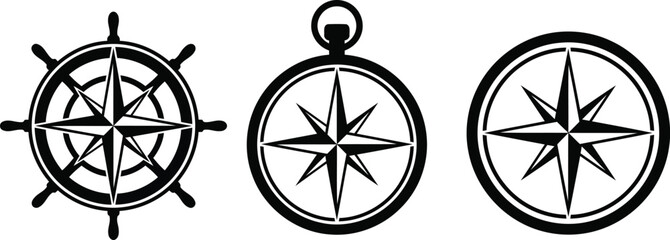 Nautical compass rose and ship wheel vector icon set, marine navigation symbols isolated on white background © MS Studio1