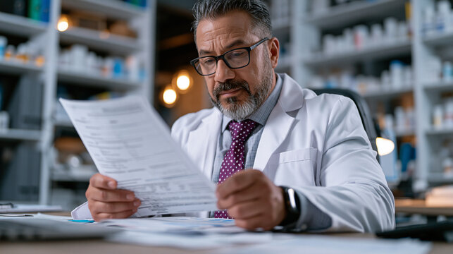 Pharmacist in professional business attire reviewing tiered formulary documents with insurance prior authorization forms across a wide desk, benefit cost analysis spreadsheets visible, corporate pha