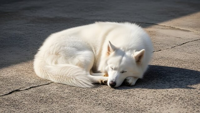 Dog sleeps curled up in a ball on a paved surface during a bright day with strong directional shadows.