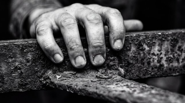 A macro shot focuses on a strained hand gripping a heavily rusted, peeling metal structure. The grim, tactile monochrome details evoke a desperate, crushing feeling of gripping onto decay and systemic