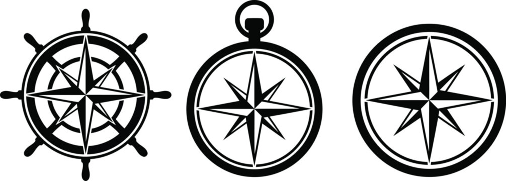 Nautical compass rose and ship wheel vector icon set, marine navigation symbols isolated on white background