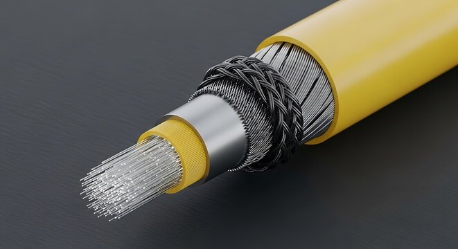 Cross section of a thick yellow industrial power cable showing multiple layers of metal wires and insulation coating