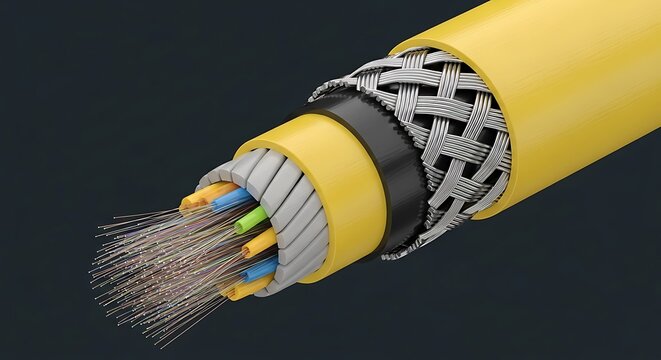 Cross section of a yellow fiber optic cable with exposed glass strands and metal wire shielding