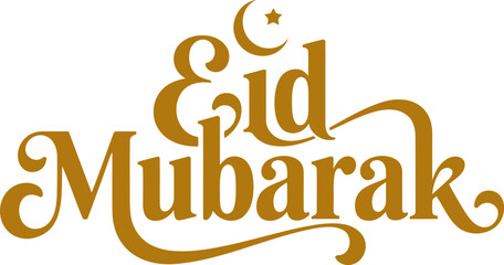 Obraz premium Eid Mubarak greeting calligraphy text design with crescent moon and star on isolated background, golden typography holiday vector
