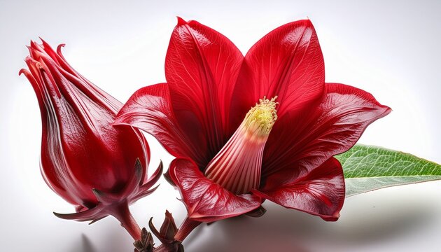 single vibrant red roselle flower isolated on white background closeup