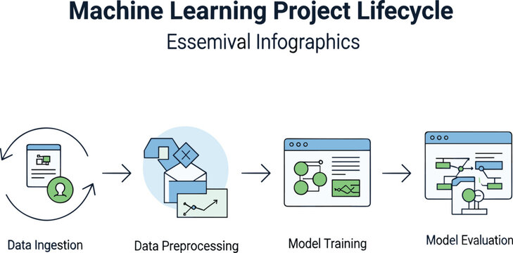 Machine learning project lifecycle stages infographic with data ingestion, preprocessing, model training, and evaluation