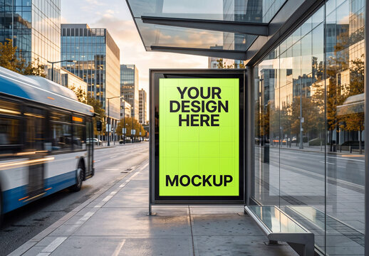Bus Stop Poster City Sidewalk Mockup