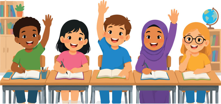 Vsai diverse happy children learning in school classroom raising hands