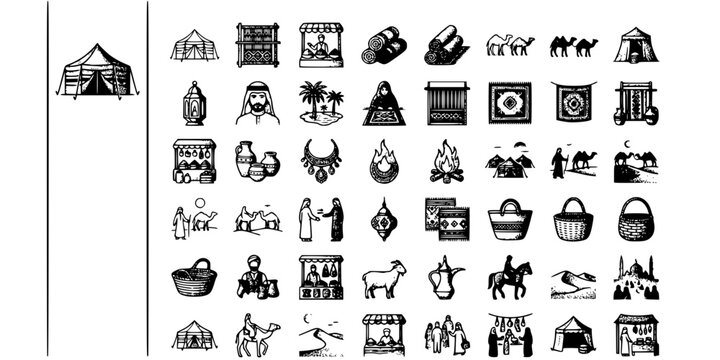 Bedouin Tent Market Stipple Black White-Woven Canopy Carpet Desert Camp-Nomadic Vector-Tent Icon Stipple-Arabic Market Design Set