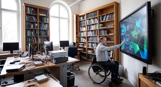Middle-aged man in a wheelchair interacting with a large interactive touchscreen display in a modern office or library, highlighting accessibility and technology for education and professional work.