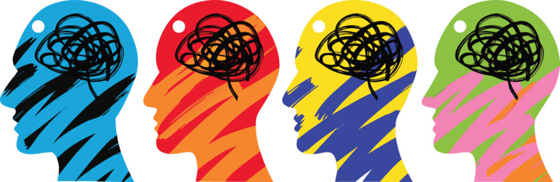 Four colorful side profile silhouettes of human heads with tangled scribble brain patterns