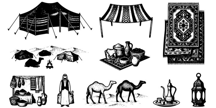Bedouin Tent Market Stipple Black White-Woven Canopy Carpet Desert Camp-Nomadic Vector-Tent Icon Stipple-Arabic Market Design Set