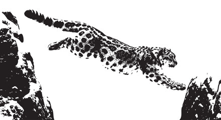 Black and white leopard jumping, wild animal illustration, monochrome wildlife art, spotted feline © Uttom Kumar