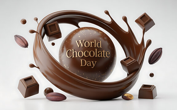 World chocolate day concept with liquid chocolate whirl and sphere, cocoa bean