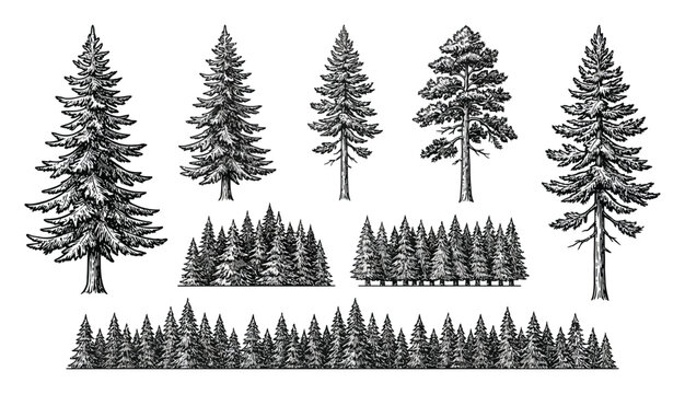 Hand-drawn of various pine trees and forests