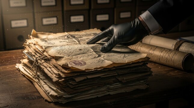 Gloved hand examines old historical documents in archive