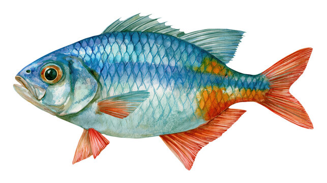 Watercolor blue fish swimming, isolated on transparent background, png