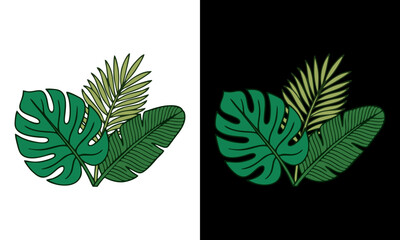 Lush green tropical leaves with monstera, palm, and banana leaf elements. Ideal for vibrant jungle-themed designs, summer backgrounds, and exotic nature illustrations © irfan