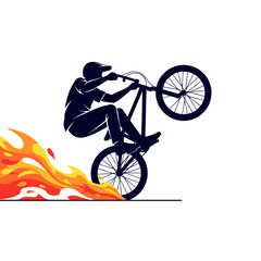 Naklejka premium bmx biker performing stunt wheelie, flame graphic illustration