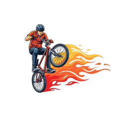 Naklejka premium Bmx biker performing stunt with flame effect illustration