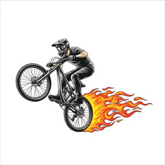 Naklejka premium Bmx biker performing wheelie with flames, vector illustration
