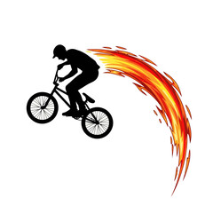Naklejka premium bmx biker silhouette with fiery trail, extreme sports graphic