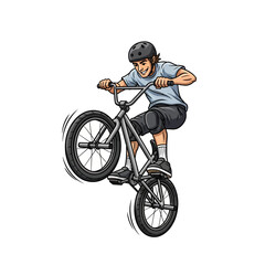 Naklejka premium BMX rider doing wheelie, cartoon illustration on white