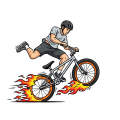 Naklejka premium BMX Rider Jumping with Flames Illustration on White Background