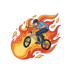 Naklejka premium bmx rider jumping over flames - vector illustration