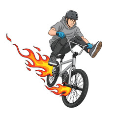 Naklejka premium BMX Rider Jumping with Flames Vector Illustration