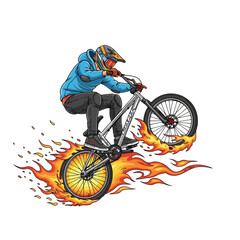 Naklejka premium BMX rider on fire with a white background illustration
