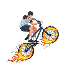 Naklejka premium BMX Rider Performing Stunt with Flaming Wheels Illustration