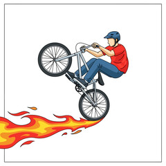 Naklejka premium BMX Rider Performing Wheelie over Fire, Vector Illustration