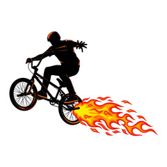Naklejka premium BMX Rider Silhouette with Fiery Trail on White Background