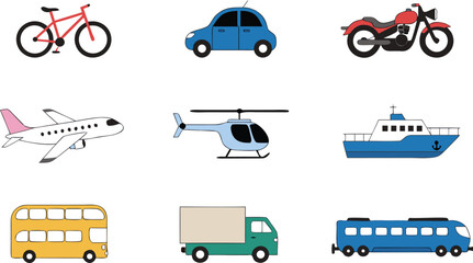 Naklejka premium Set of nine simple flat design transportation icons for travel and logistics graphic projects