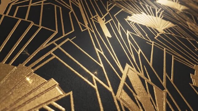 Golden art deco fan pattern shimmering on black background