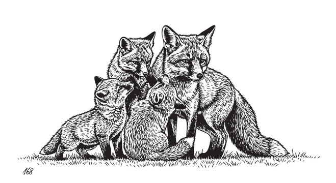 Black and white illustration of fox family, four foxes, wildlife drawing, animal art
