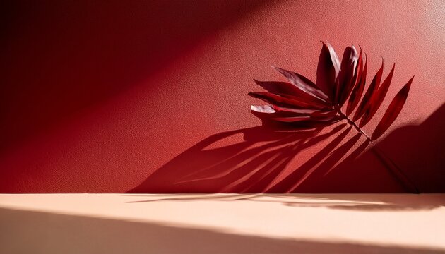 cherry red and beige stucco wall background with tropical leaf shadows and dappled sunlight for luxury cosmetic skincare and beauty product display mockup presentation