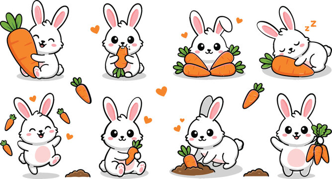 Cute White Bunny and Carrot Sticker Vector Illustration Set with Happy Rabbit Cartoon Characters Eating, Sleeping, and Gardening Concepts
