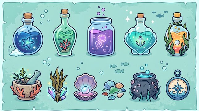 Ocean potion icons, magical sea bottles, underwater alchemy elements, vector collectio