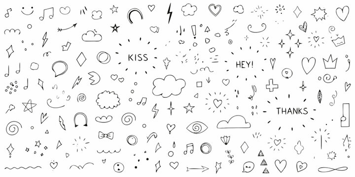 Hand Drawn Doodle Pattern With Hearts Stars And Text Elements