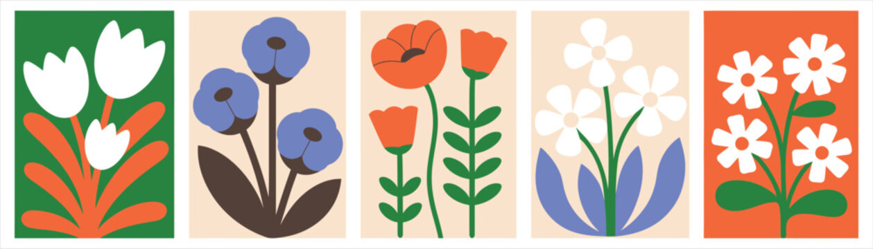 Boho Floral Vector Polyptych Poster Set with Abstract Flowers and Leaves