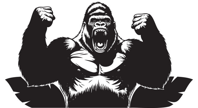 Muscular Gorilla Illustration, Angry Gorilla Vector, Black and White Gorilla Clipart, Powerful Primate Icon