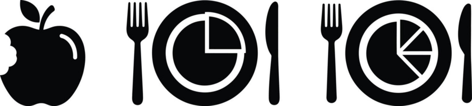 Silver flatware icons on dark background showing fork, spoon, knife and circle utensils for minimal website UI and accessibility symbols