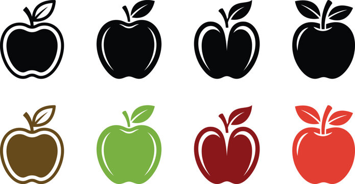 Apples in various colors and styles, including black, brown, green, red, and white outline designs, fruit icons or logos.
