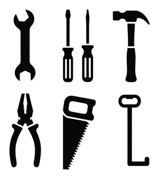 Collection of silhouetted hand tools: wrench, screwdrivers, hammer, pliers, saw, and l-key