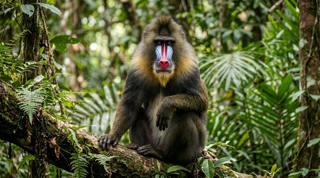 Colorful Mandrill Monkey Portrait in its Natural Tropical Rainforest Habitat