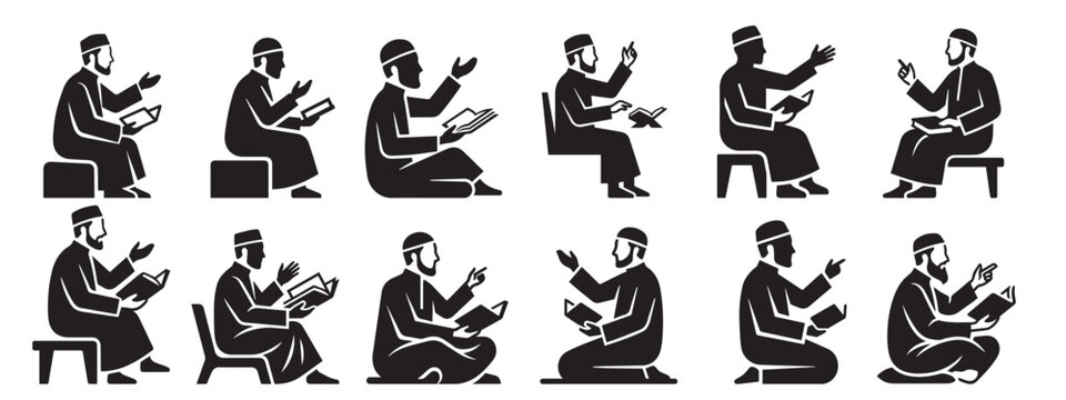 Set of silhouettes depicting muslim people reading or praying with traditional books religion silhouette spirituality tradition devotion kneeling meditation practice
