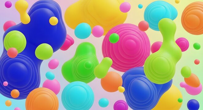 Spheres of vibrant liquid plastic float in a weightless environment to create a colorful and playful abstract background for modern design.